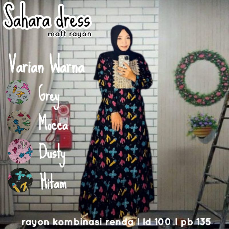 Fashion Muslim Gamis LUNA crinkle mix renda SAHARA SHARARE RAYON RENDA MOTIF kaktus etnik busui mayung terbaru promo terlaris