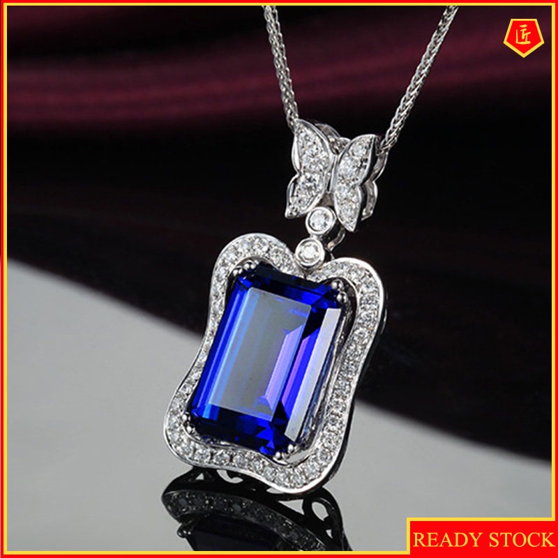 [Ready Stock]Luxury Diamond Micro-Inlaid Butterfly Rectangular Sapphire Pendant for Women