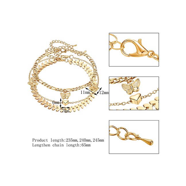 LRC Gelang Fashion Gold Color En Butterfly Love Leaf Alloy Multilayer Anklet K91779