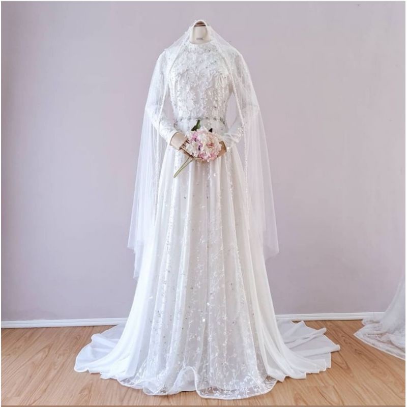 Ready (siap kirim) wedding dress pengantin muslimah / baju akad putih