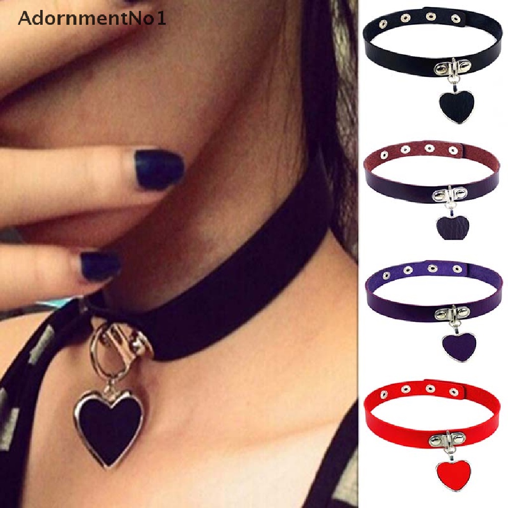 (AdornmentNo1) Kalung Choker Bahan Kulit Imitasi Aksen Hati Gaya Punk / Gothic Untuk Wanita