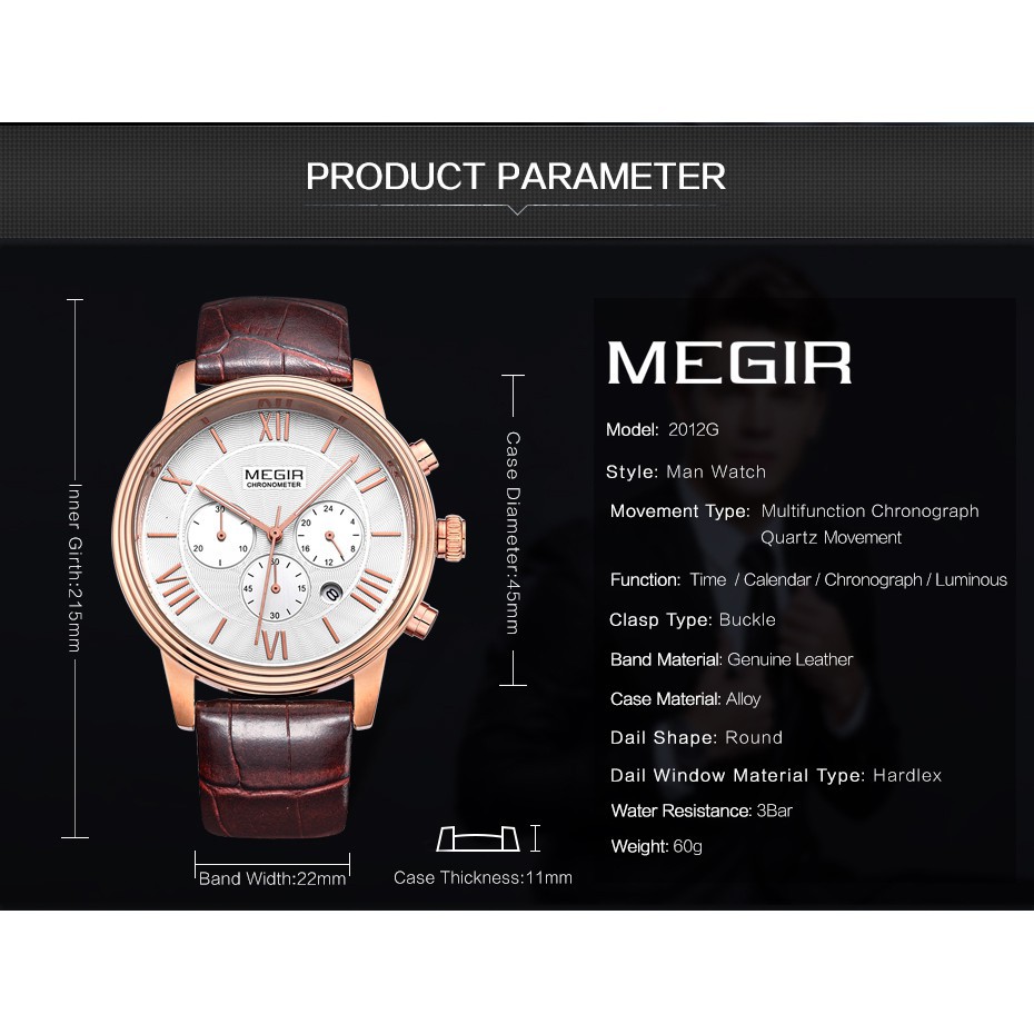 MEGIR 2012 Jam Tangan Pria Analog Chronograph Tali Kulit WATCHKITE WKOS