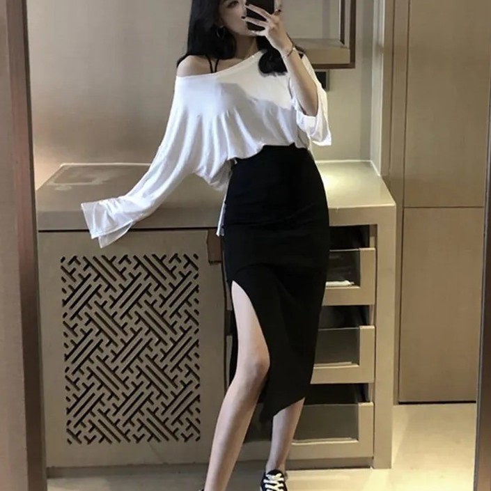 Korean Midi Skirt Plain Split Rok Belah Hitam Polos 1265 (S/M/L)-4