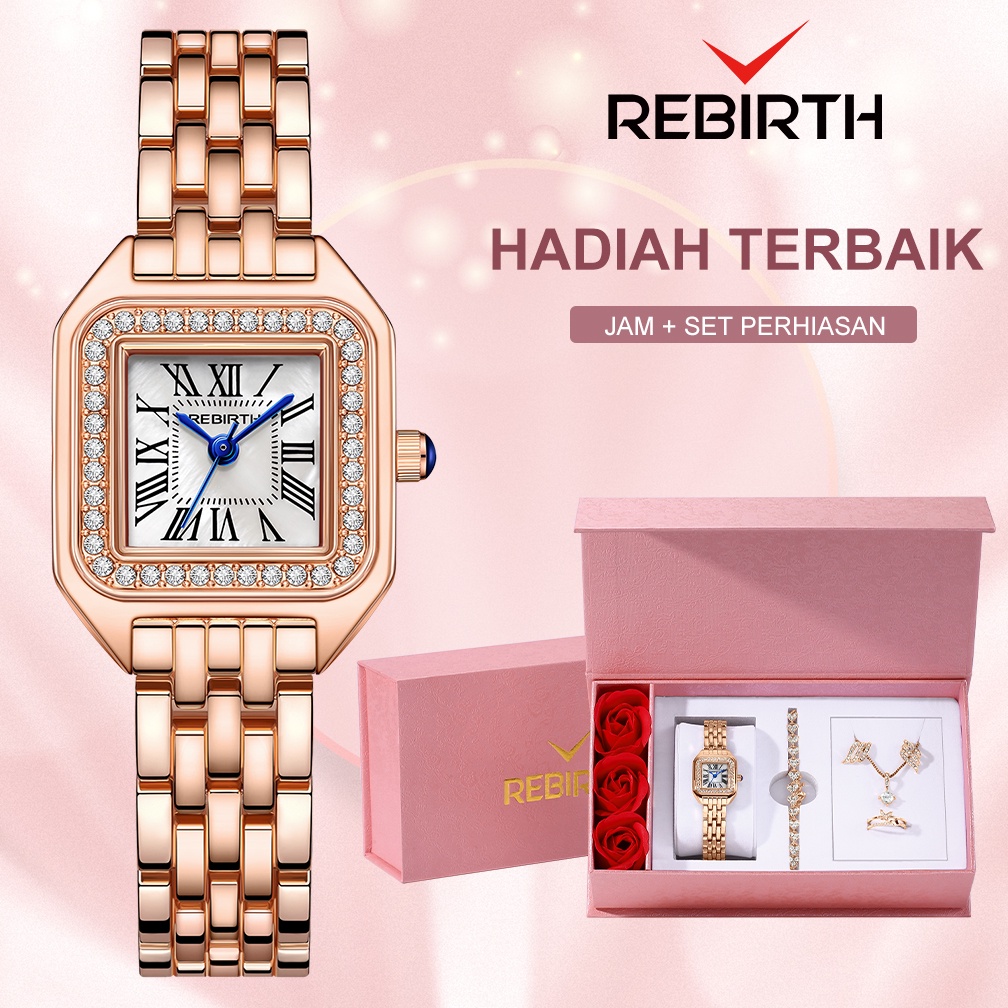 REBIRTH Jam Tangan Wanita Mode Elegan Kuarsa Anti Air Jam Tangan Hadiah Ulang Tahun untuk Pacar Istri Kekasih Kotak Hadiah Set [Jam Tangan + Kalung + Gelang + Anting-Anting + Cincin]