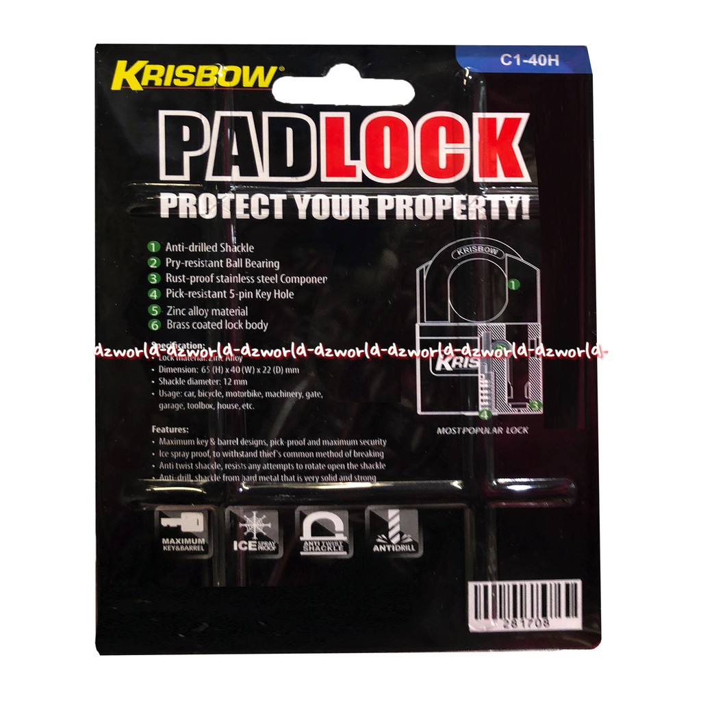 Krisbow Padlock C1-40 Panti Drill Rust Proof Gembok Tahan Karat Kris Bow Pad Lock Lok Padlocks C140