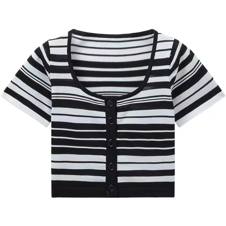 Korean Stripe Button Cropped Short Sleeve T-Shirt Atasan Wanita Motif Garis - Garis 2062