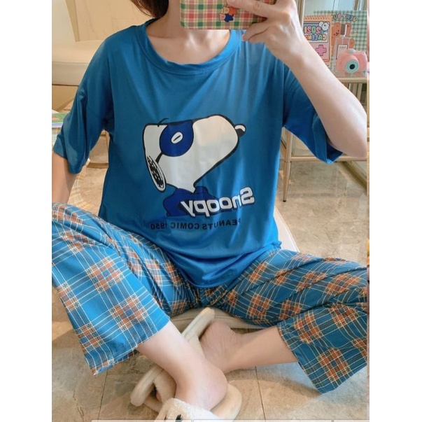 BAJU TIDUR BAJU PIYAMA SET WANITA DEWASA SNOOPY BAHAN KAOS CELANA PANJANG