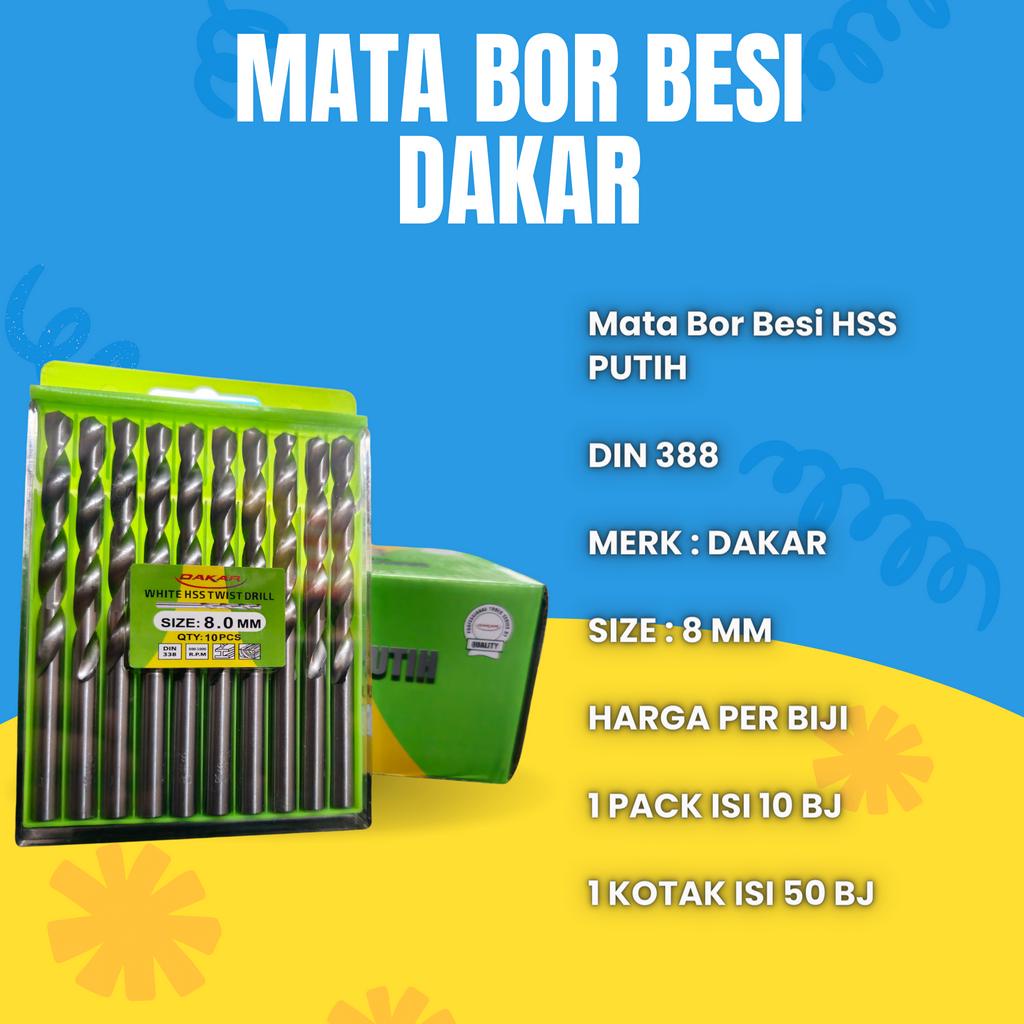 MATA BOR BESI PUTIH 8 MM HSS MERK DAKAR DIN 388 HARGA PER BIJI 8MM BAGUS