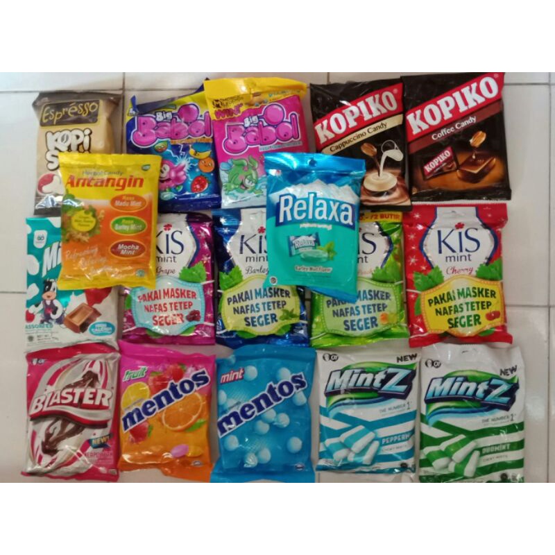 

Berbagai Macam Varian Permen (mentos,kopiko,kis,mintz,babol,blaster,relaxa,milkita,milton,woods,antangin,marsmallow)