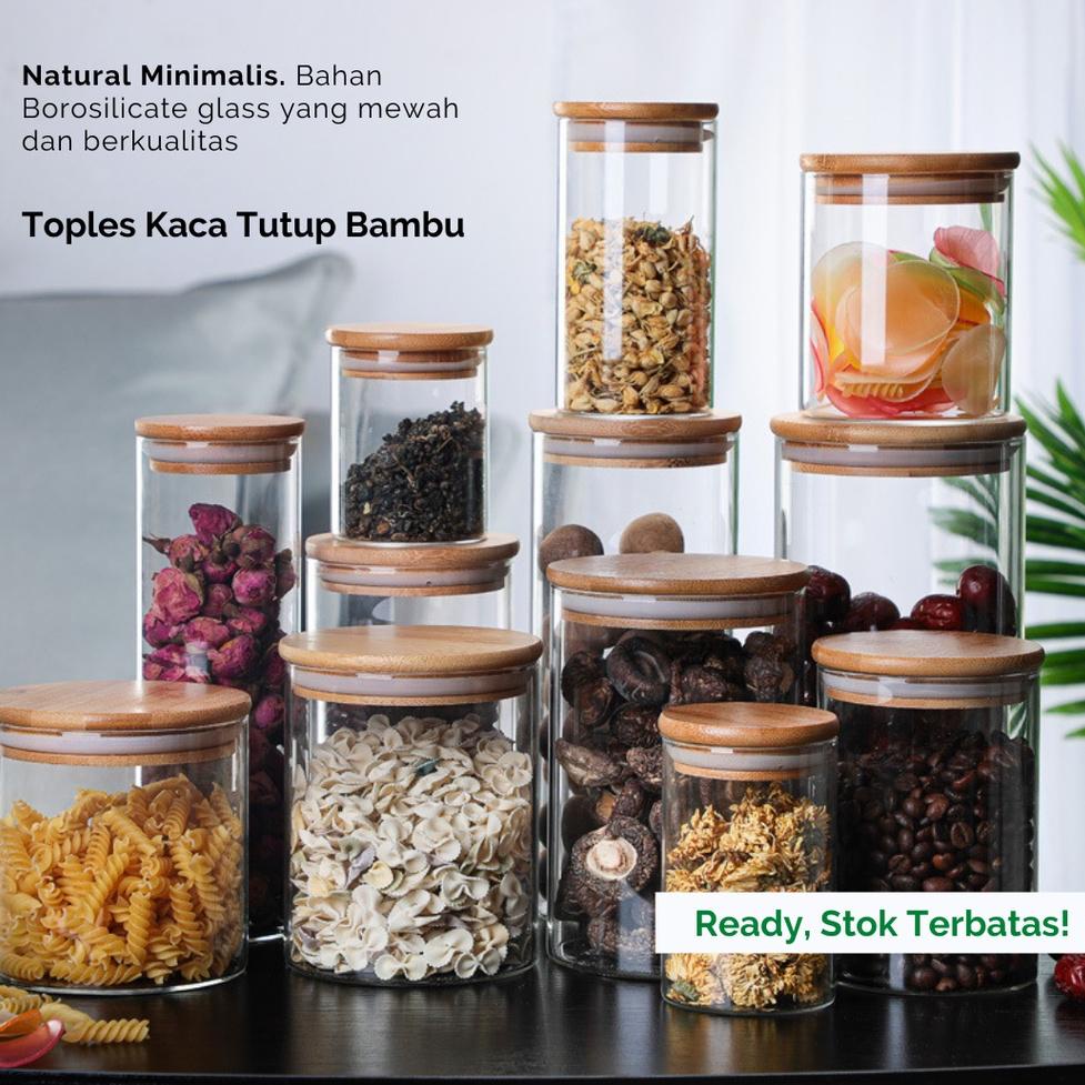 8E6 Toples Kaca Tutup Bu Kayu Kedap Udara Minimalis   Bentuk Lingkaran – Kotak Tempat Wadah Penyimpa