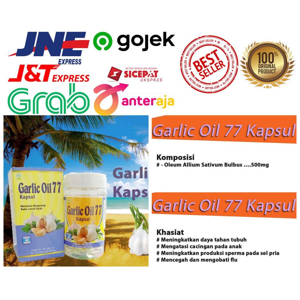 Garlic Oil 77 POM 60 Kapsul Obat Pilek - Batuk - TBC Garlic Oil 77 POM 60 Kapsul Meningkatkan produksi sperma pada sel pria Mencegah dan mengobati TBC, asthma, bronchitis dan masalah paru lainnya Mencegah radang selaput otak belakang Mencegah kerusakan se