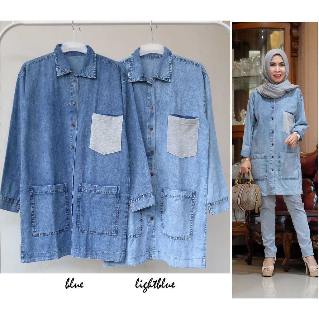 KT1-1805 blouse jeans washed kantung - allsize fit to BIG L - LD 104cm P 80cm - matt jeans washed