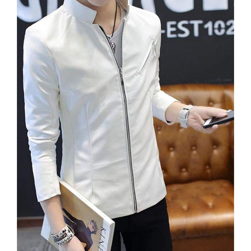 jaket pria/jaket pria warna putih semi kulit /jaket pria slim fit sintetis.