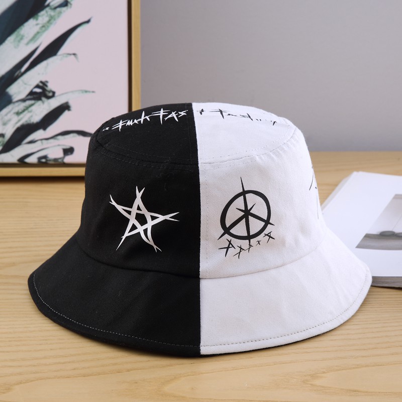 Topi bucket Motif graffiti Warna Hitam Dan Putih Gaya hip hop Korea Untuk unisex