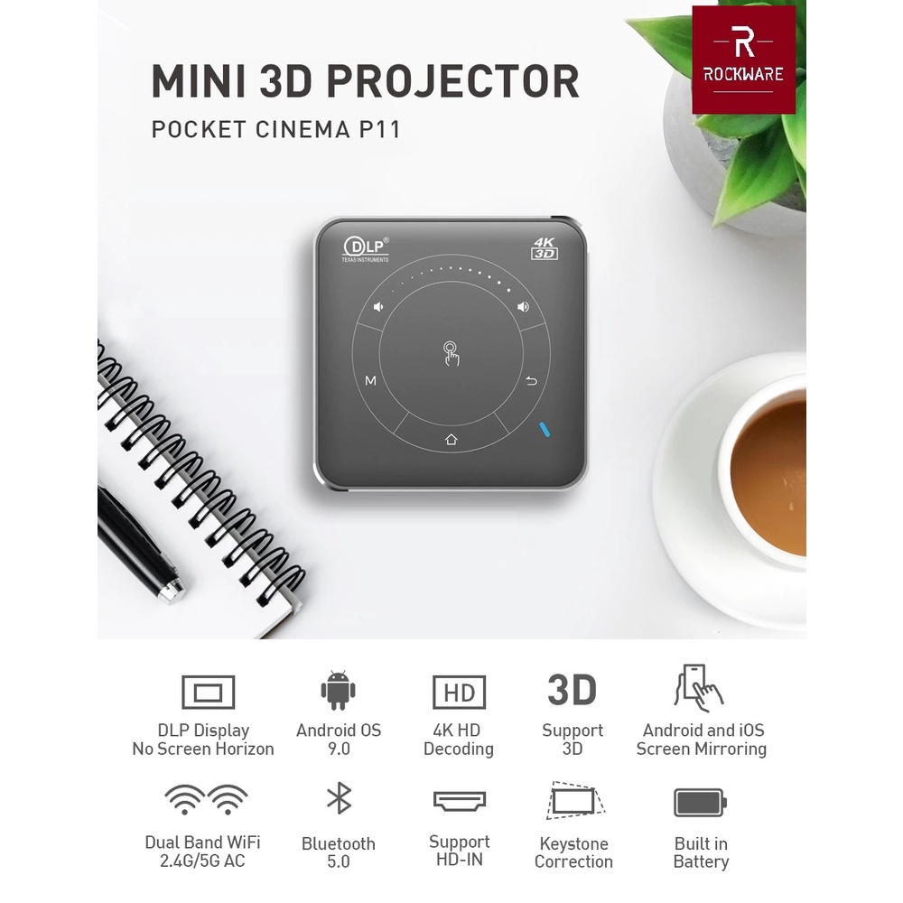 P11 2GB/16GB Version - Mini Android 9.0 Smart DLP Projector 4K HD - 55 ANSI Lumens - Proyektor Mini Android