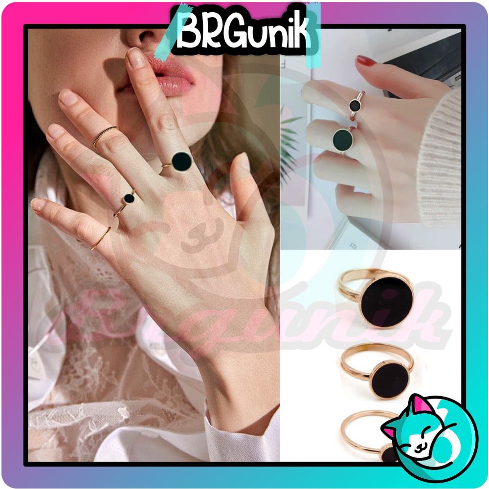 BRGUNIK Cincin Titanium Lapis Warna Emas 18K Bentuk Bulat Bahan Warna Hitam Bulgar A061