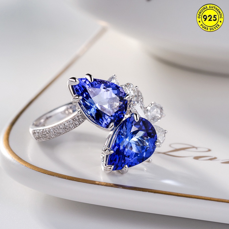 Cincin Berlian Sapphire Biru Ganda Bentuk Pir Model Terbuka Untuk Wanita