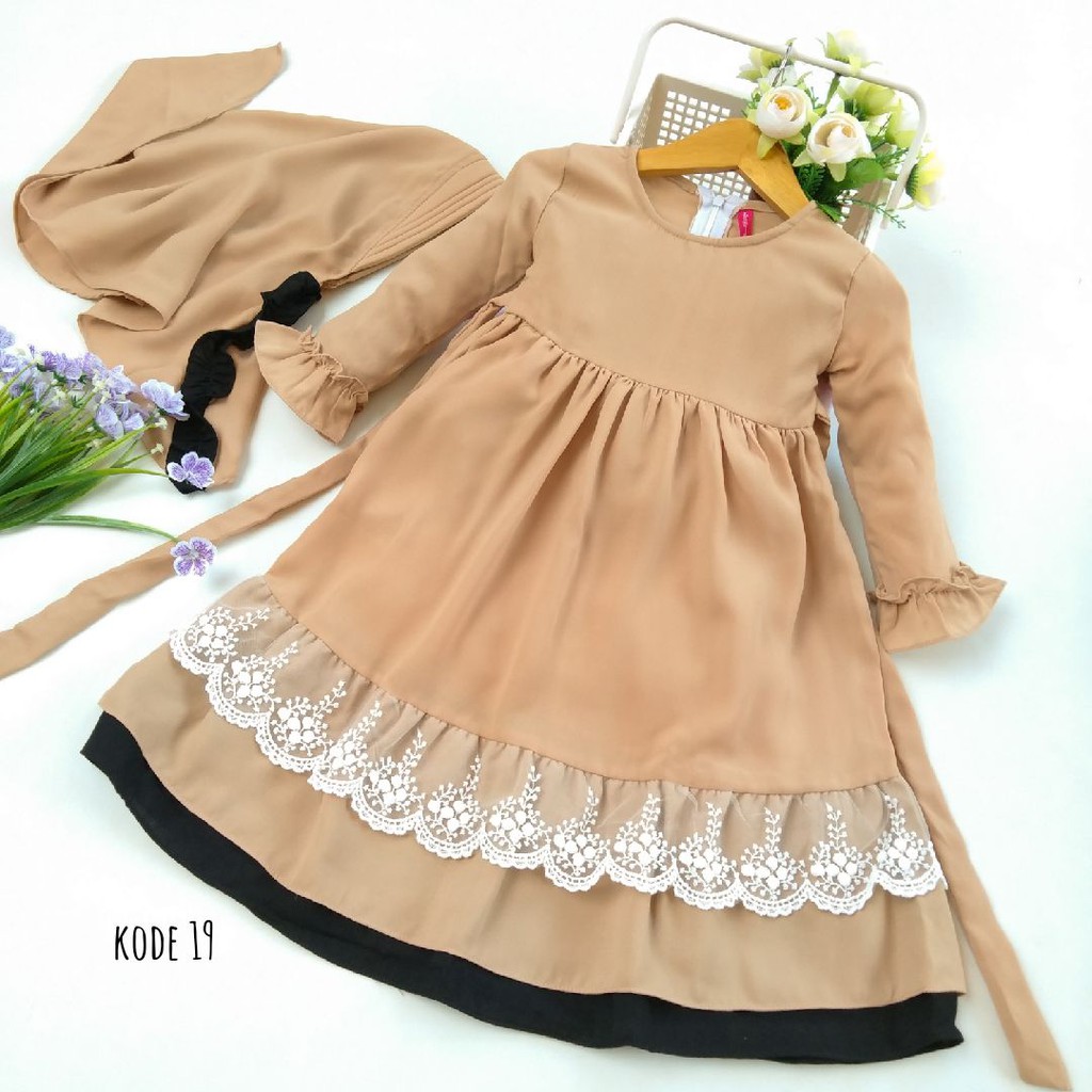 GAMIS ANAK 10 -11 TAHUN LD 43 COKLAT MUDA PLAIN POLOS SYARI CANTIK ADA SAKU LABELLA JILBAB PET ANTEM
