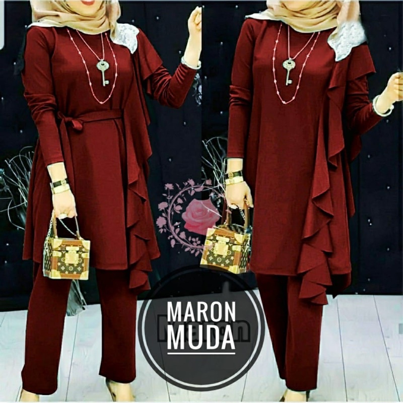 ST YESI/ SETELAN WANITA HIJAB SIZE L, XL, 2XL/ ONE SET BAHAN MOSSCREPE/ SET WANITA LENGAN PANJANG TERBARU-MARON MUDA