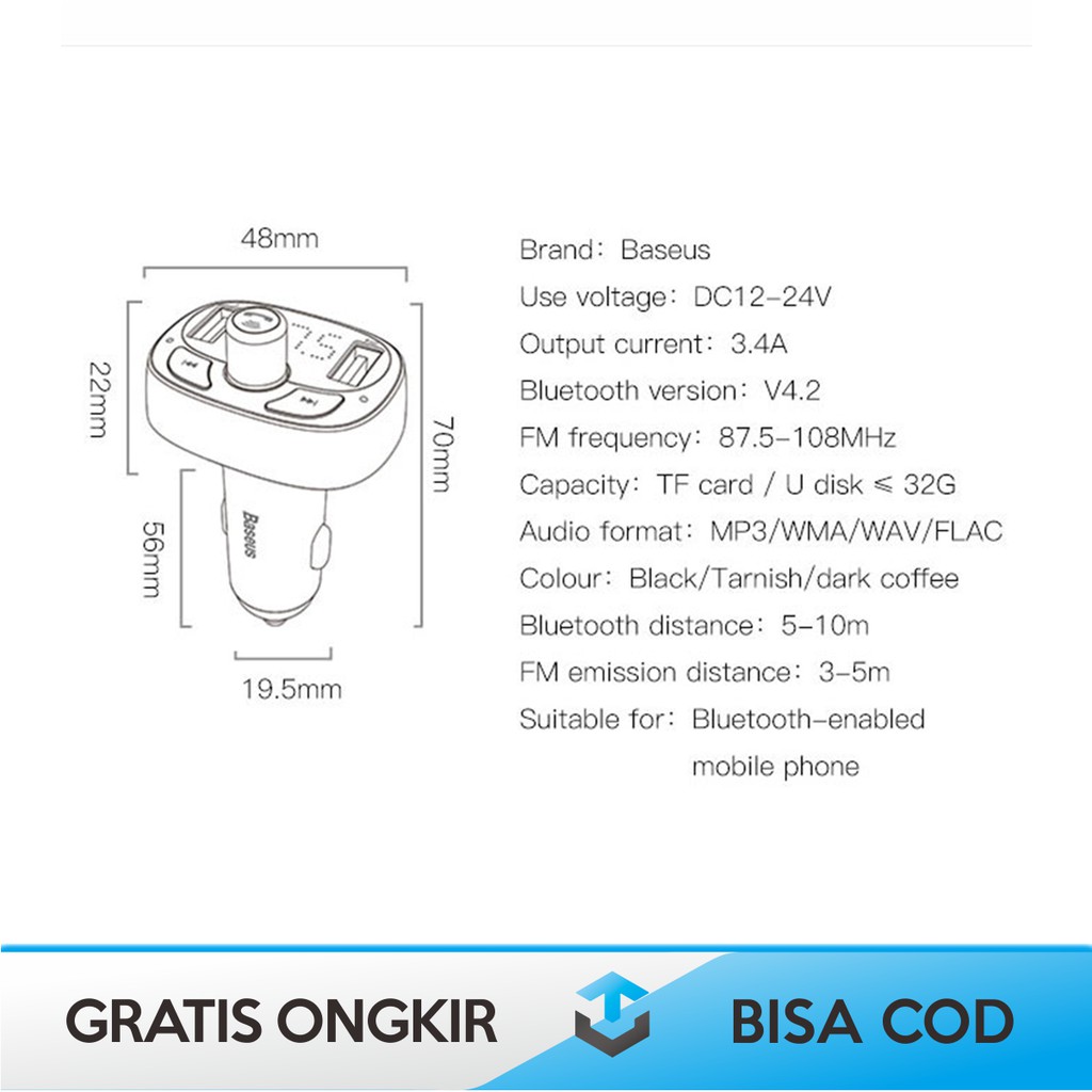 [2 IN 1] CAR CHARGER MOBIL + BLUETOOTH AUDIO TRANSMITTER ORIGINAL BASEUS S-09T FAST CHARGING