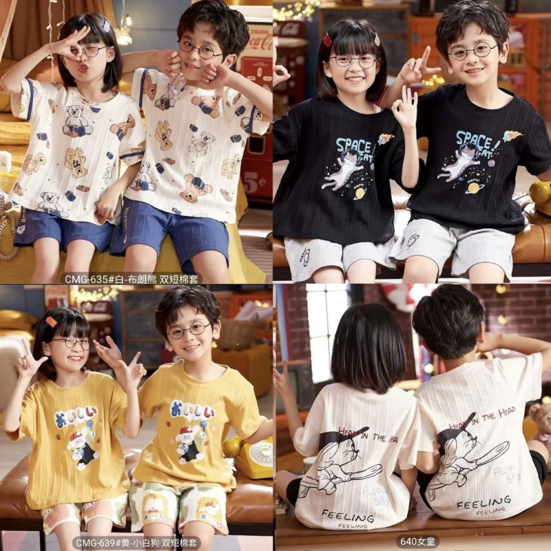 SETELAN BAJU TIDUR PIYAMA HOTPANTS COUPLE ANAK COWOK CEWEK KATUN IMPORT LENGAN CELANA PENDEK STELAN 
