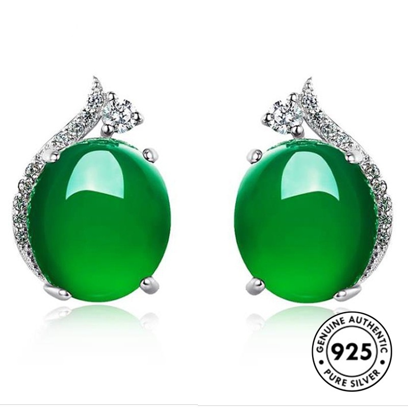 Anting Tusuk Sterling Silver 925 Elegan Dengan Batu Giok Hijau Untuk Wanita