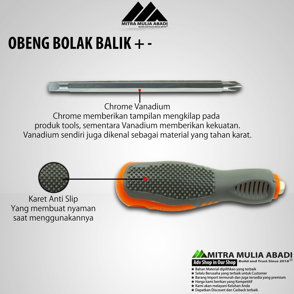 Obeng Bolak Balik Plus Minus Premium Hioshi Stainless Steel SUS-304 | Gagang Karet 8 Inch