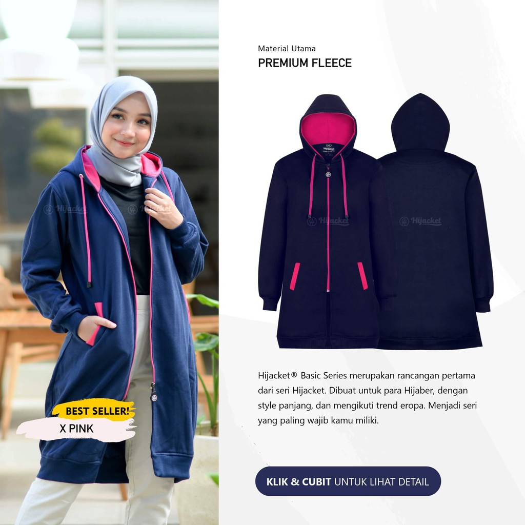 Jaket Jacket Polos Hoodie Panjang Wanita Cewek Cwe Muslimah Hijabers Kekinian Biru Navy Hijacket BC-8
