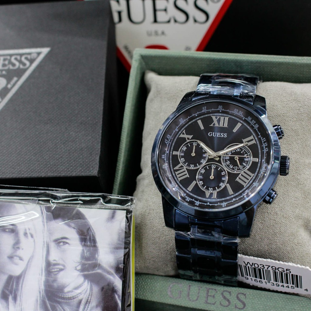 d=44mm, jam tangan pria Guess W0379G5 Original, all stainless steel, chronograph stopwatch, include