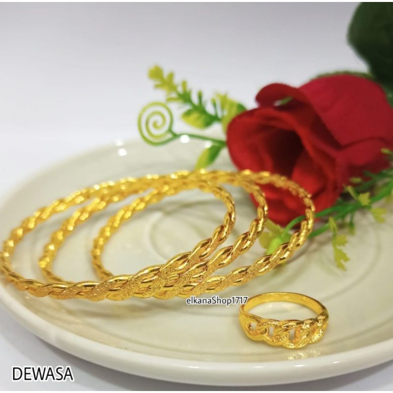 SET GELANG KRONCONG+CINCIN DUBAY 24K ANTI KARAT EMAS HONGKONG