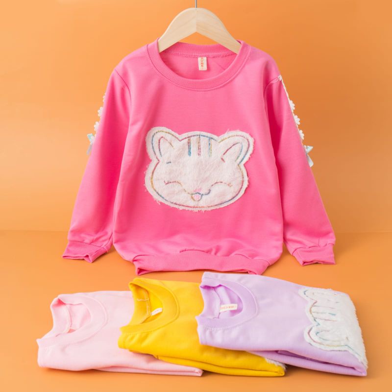 Kaos Anak Perempuan Import 4-11 Tahun Sweter Anak Import 100% APLIKASI BULU USAP RENDA