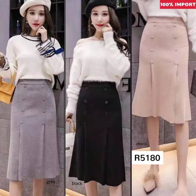 Buttoned Knit Skirt Midi - Rok Midi Rajut