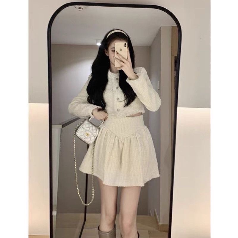 Genia tweed set blazer mini skirt white premium