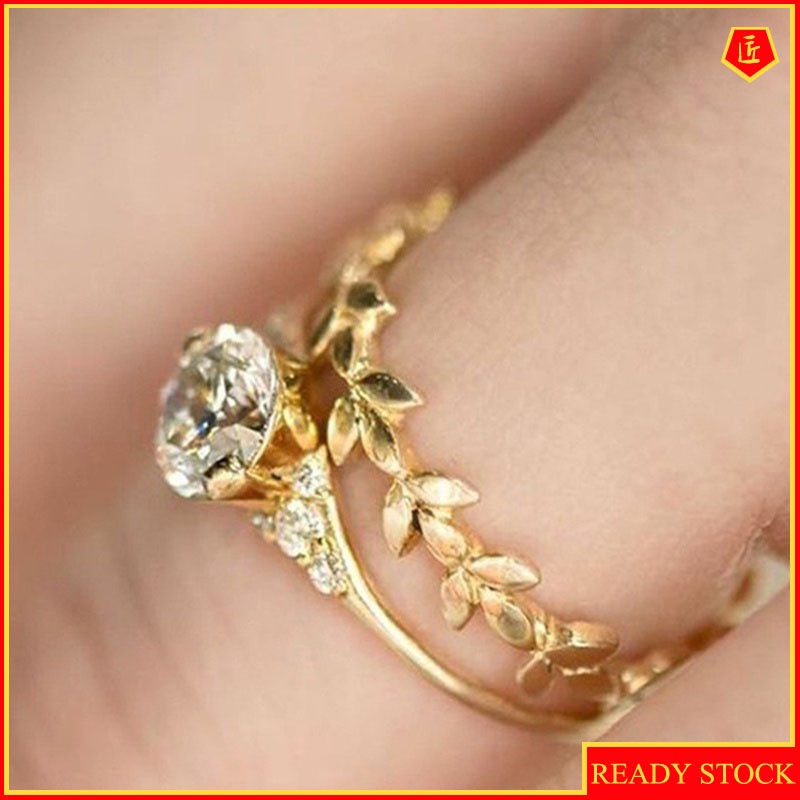 [Ready Stock]18K Golden Leaves Diamond Ring Set Fashionable and Elegant