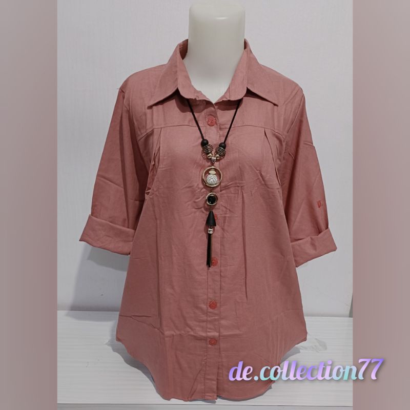 Kemeja Wanita Polos / Atasan Rami /Pakaian Wanita Lengan Panjang A.045A-Pink