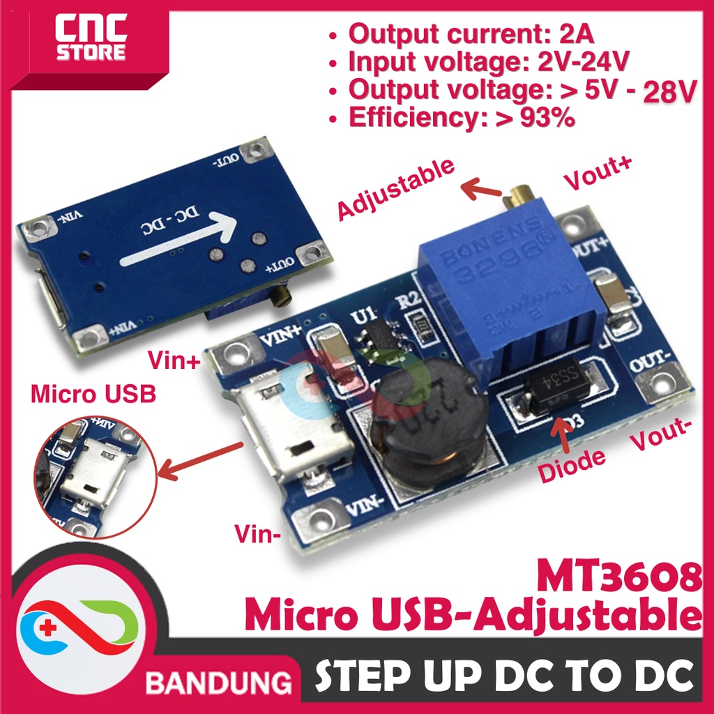 MT3608 ADJUSTABLE STEP UP BOOST DC MICRO USB 2A 2V-24V TO 5V-28V