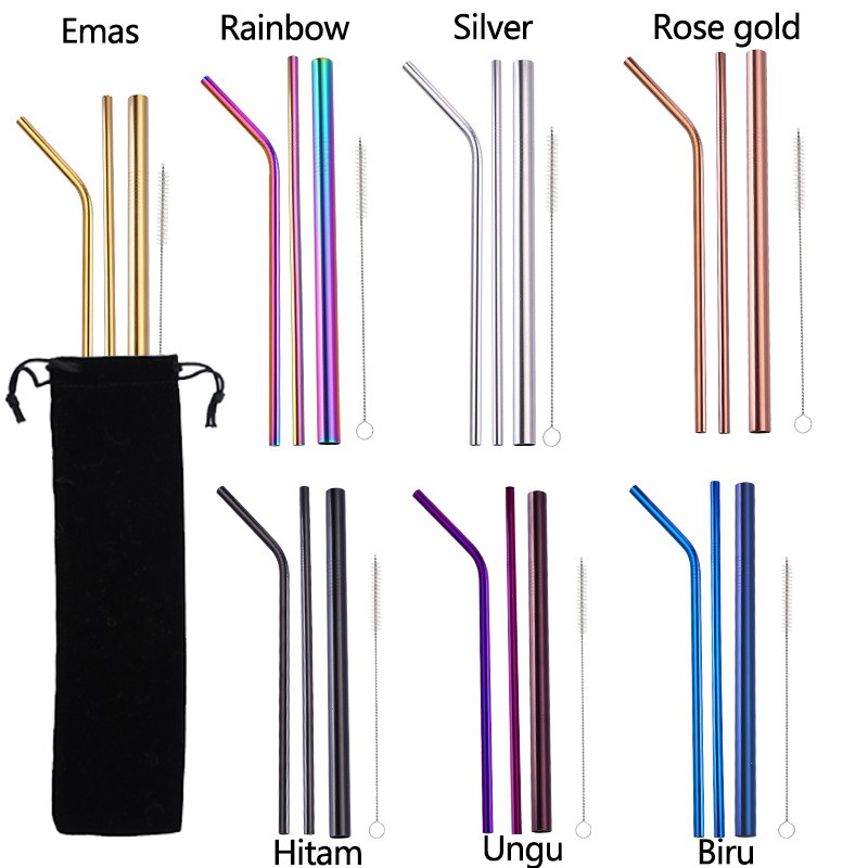 5 in 1 Sedotan Stainless Set Besi set 5 Free Pouch Reusable Straw Steel