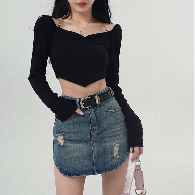 kaos wanita korean style halter top t-shirt wanita open back chain short sexy