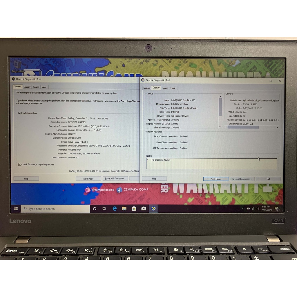 Lenovo ThinkPad X260 Core i3-6100U 8GB SSD 256GB