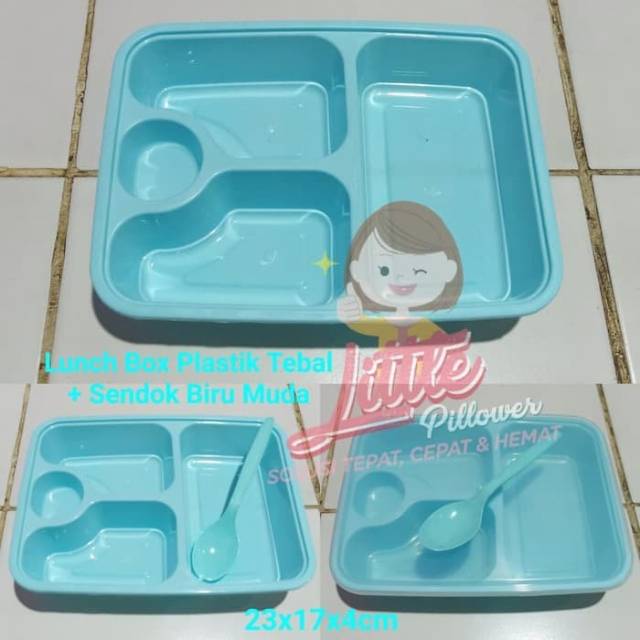 (ISI 25PCS) Bento+Sendok Plastik Tebal BIRU MUDA/Lunch Box plastik/Kotak Makan