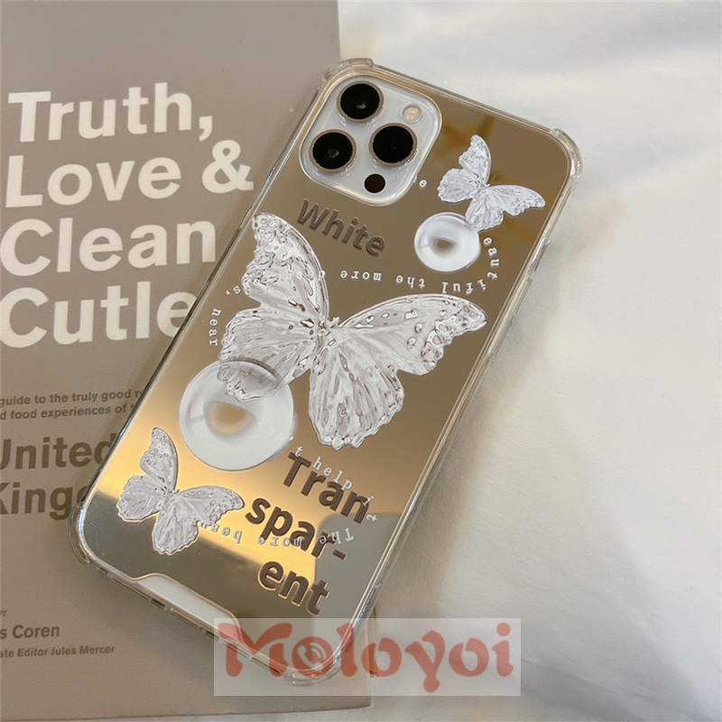 Soft Case TPU Desain Kupu-Kupu Putih Aksen Cermin Kristal Untuk IPhone 7Plus 11 12 13 Pro Max XR 8Plus X XS Max 7 8 SE 2020