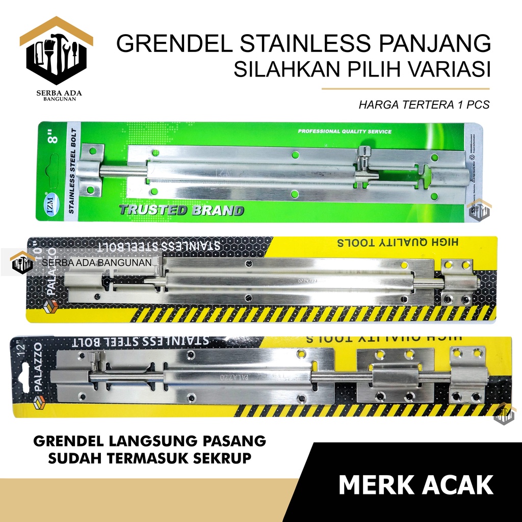 GRENDEL SLOT PINTU STAINLESS STEEL PANJANG 8 - 10 -12 INCH / KUALITAS TEBAL KUAT PENGUNCI SELOT RUMA