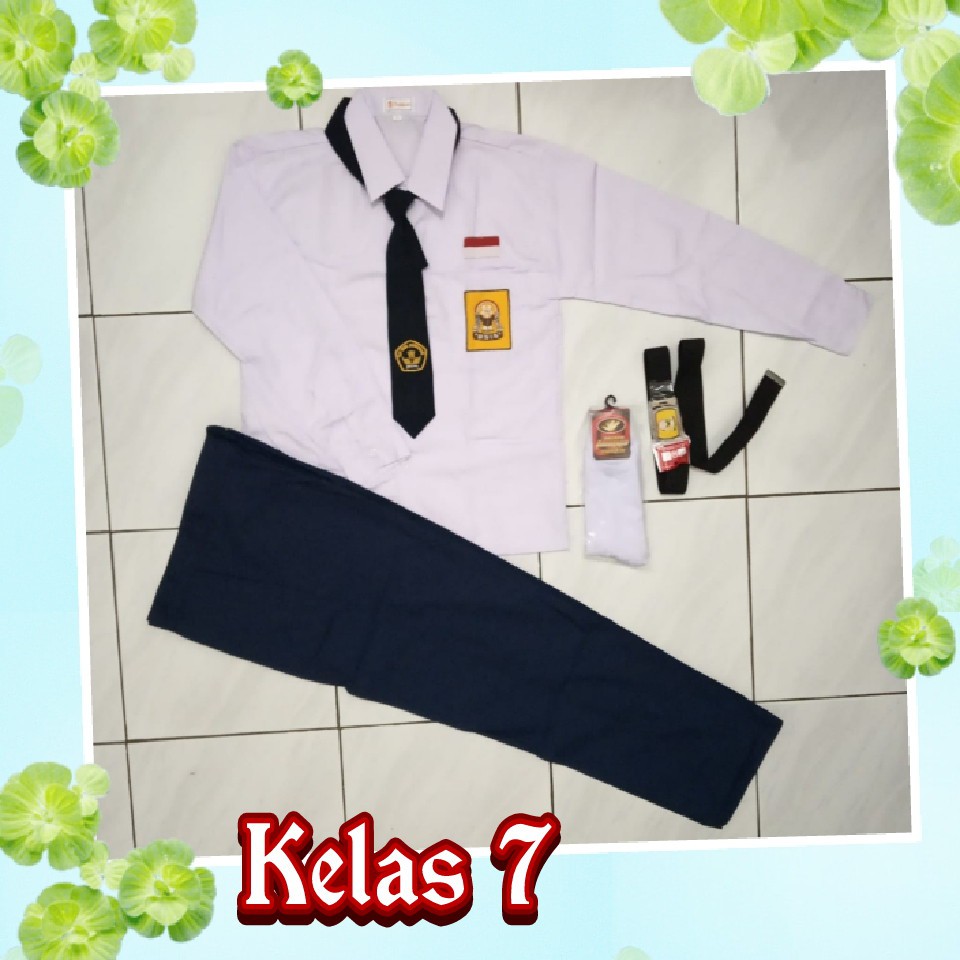 Set Seragam Biru Putih SMP Celana Panjang Baju Pendek