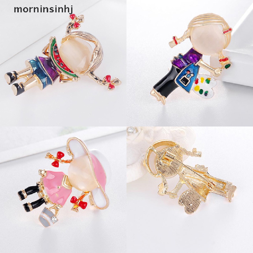 Mornin Bros Pin Enamel Bentuk Gadis Lucu Aksen Kristal Untuk Aksesoris Fashion Wanita