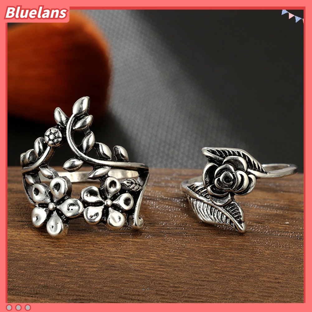 Bluelans Set Cincin Jari Desain Bunga Daun Merambat Gaya Vintage Untuk Wanita