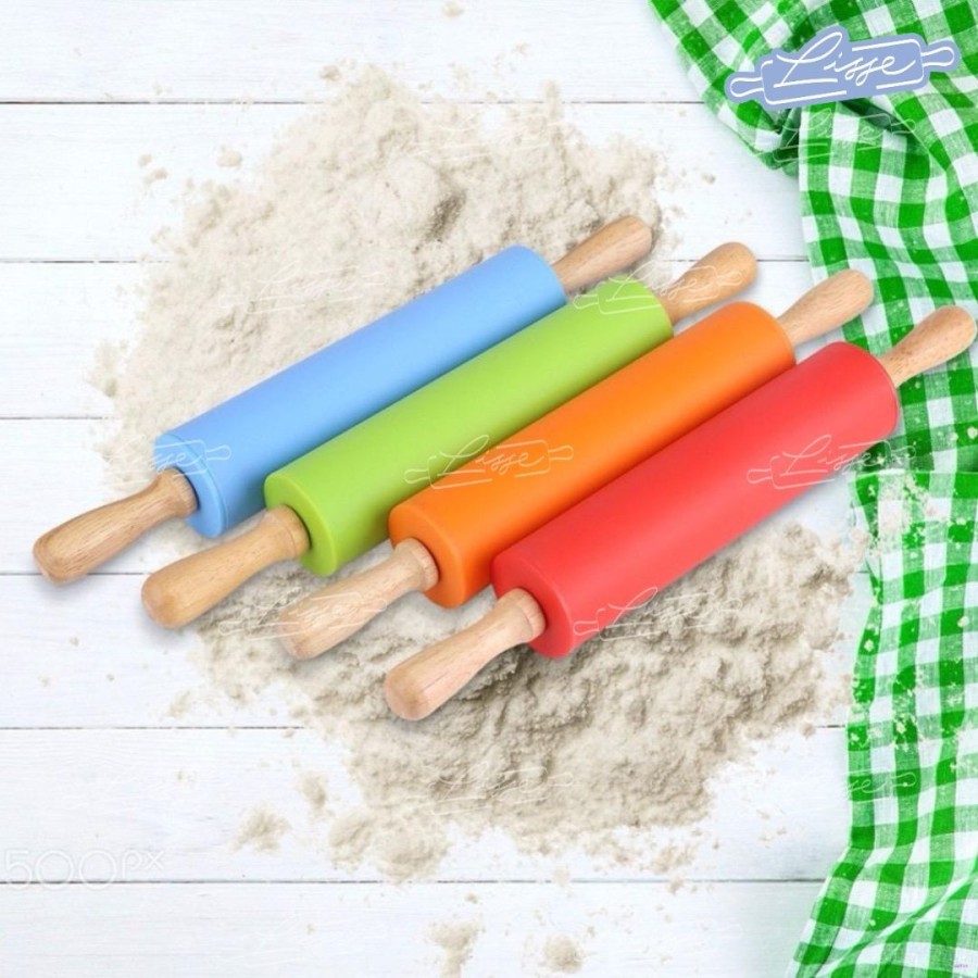 Silicone Rolling Pin Non Stick / Penggilas Adonan Silikon Handle Kayu