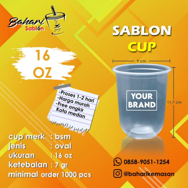sablon gelas cup plastik 14oz 16oz oval cembung minim order 1000