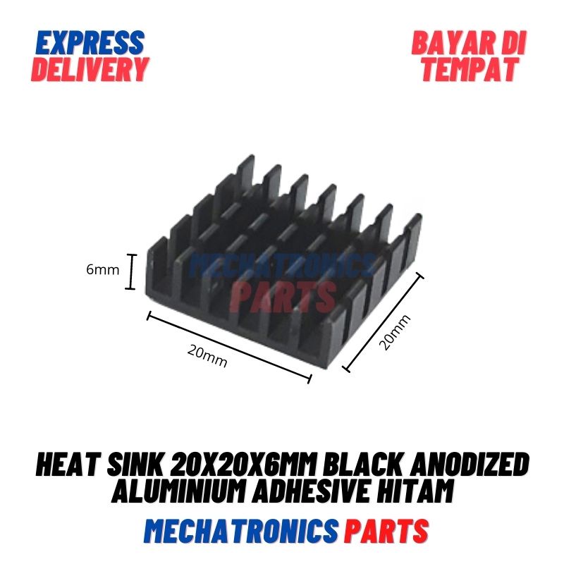 Heat Sink 20x20x6mm Black Anodized Aluminium Adhesive Perekat Hitam