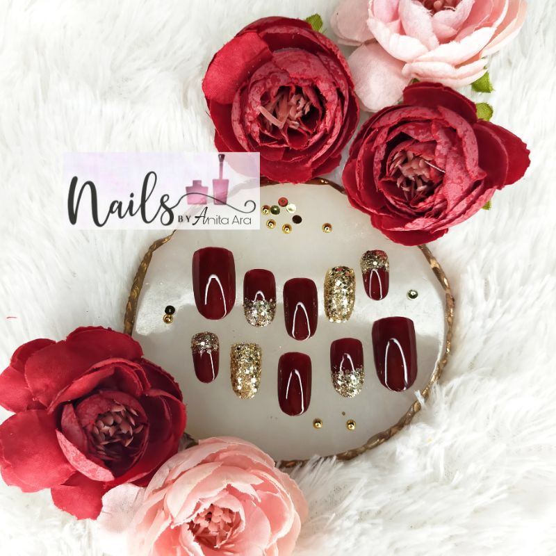 kuku palsu maroon glitter soft gold | wedding fake nails maroon glitter soft gold