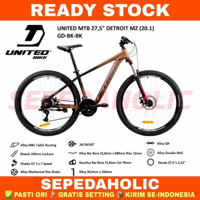 Sepeda Gunung 27.5 Inch MTB UNITED DETROIT MZ Alloy 3x7 Speed Disc - Gold